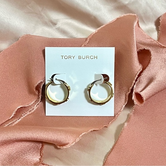 Tory Burch Miller Goldtone Logo Small Hoop Earrings - Picture 3 of 11